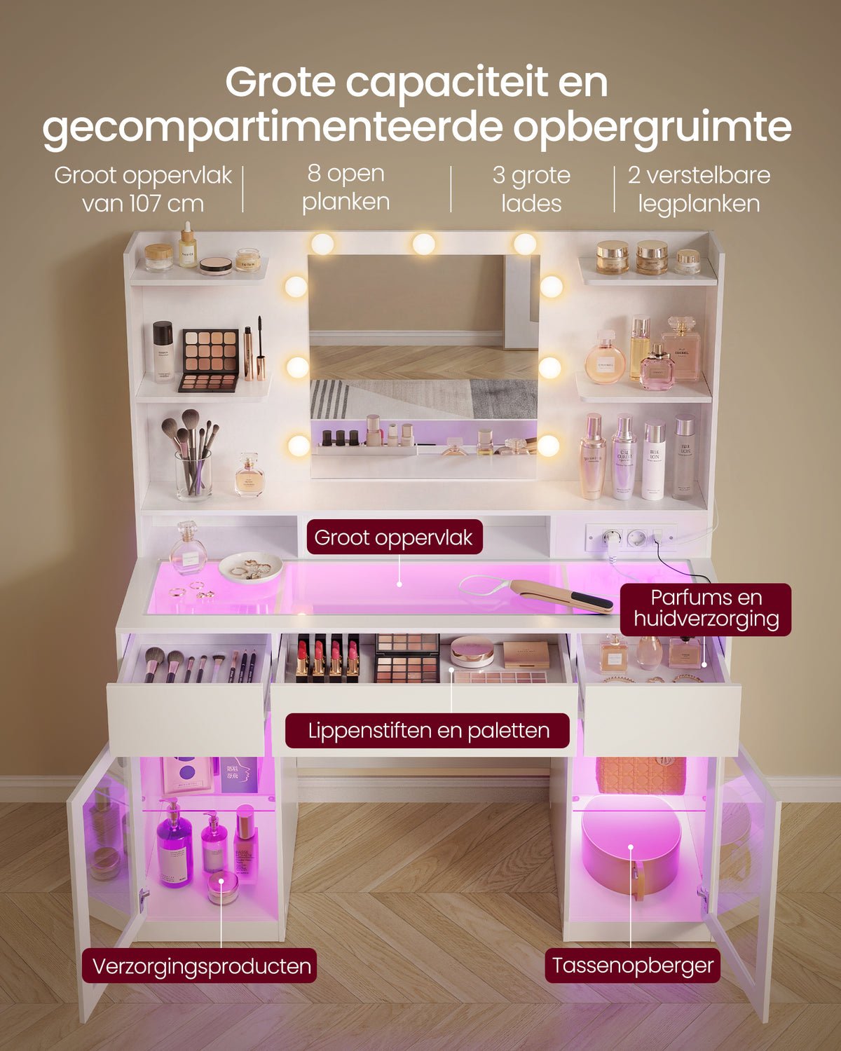 Kaptafel met RGB-Verlichting en Verlichte Spiegel – 2 Glazen Kastjes – Stopcontact & USB – 107 cm