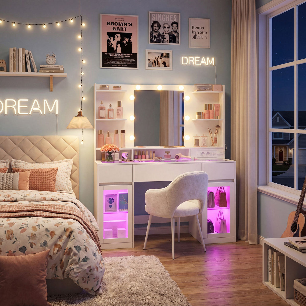 Kaptafel met RGB-Verlichting en Verlichte Spiegel – 2 Glazen Kastjes – Stopcontact & USB – 107 cm