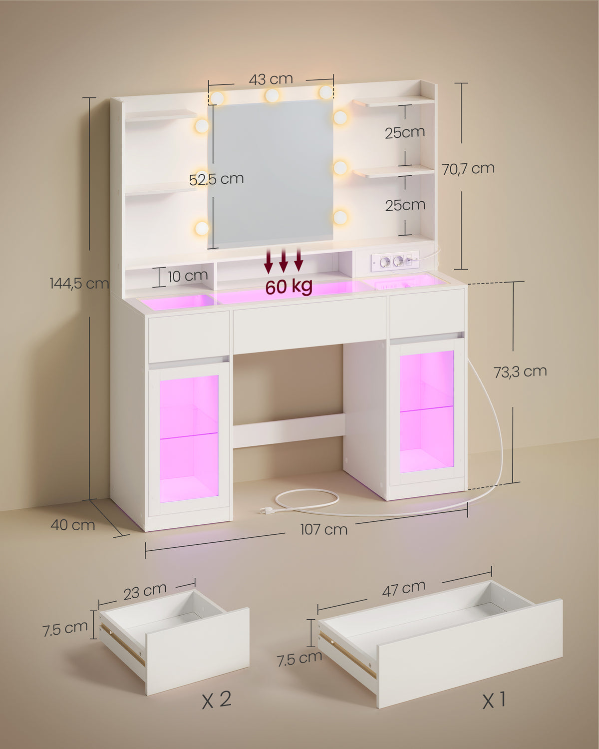 Kaptafel met RGB-Verlichting en Verlichte Spiegel – 2 Glazen Kastjes – Stopcontact & USB – 107 cm