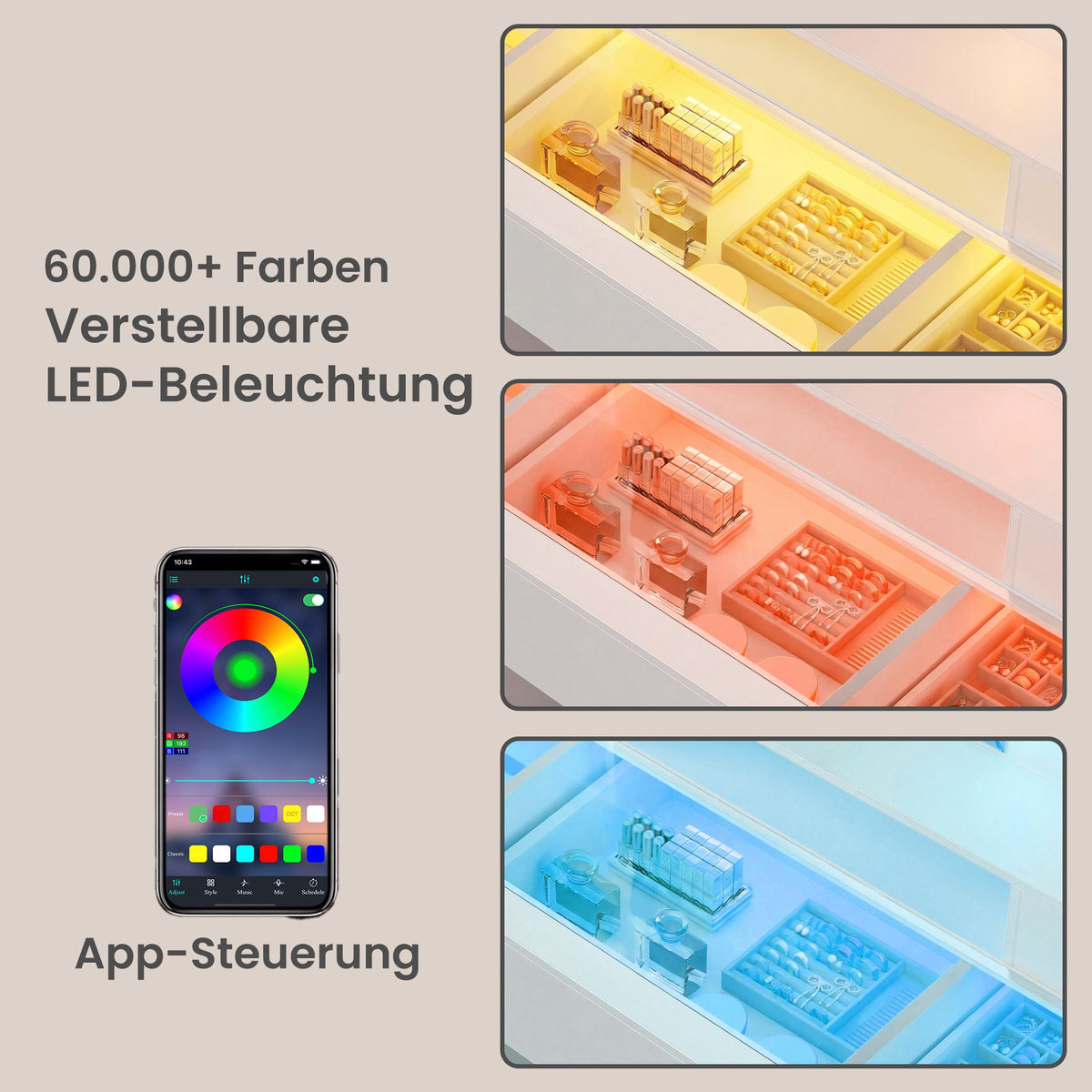 Kaptafel met RGB-Verlichting en Verlichte Spiegel – 2 Glazen Kastjes – Stopcontact & USB – 107 cm