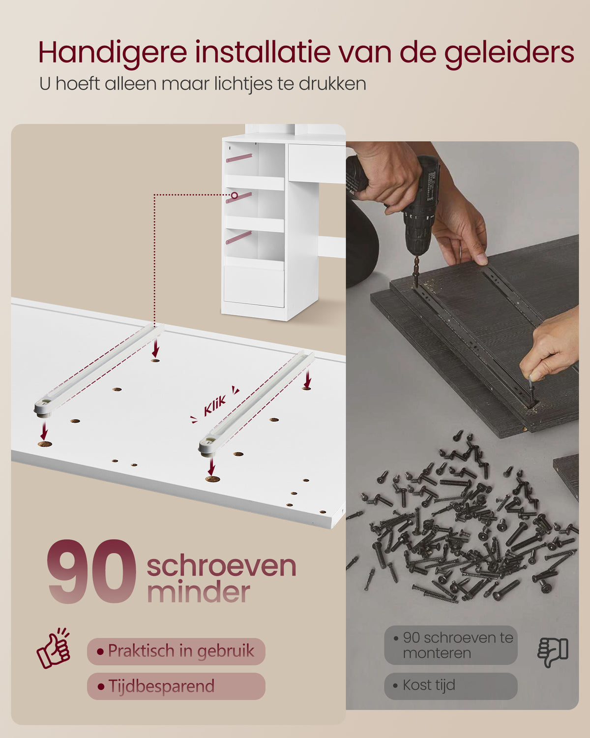 Kaptafel met Driedelige Verlichte Klapspiegel – 9 Lades – Stopcontacten & USB – 107 cm
