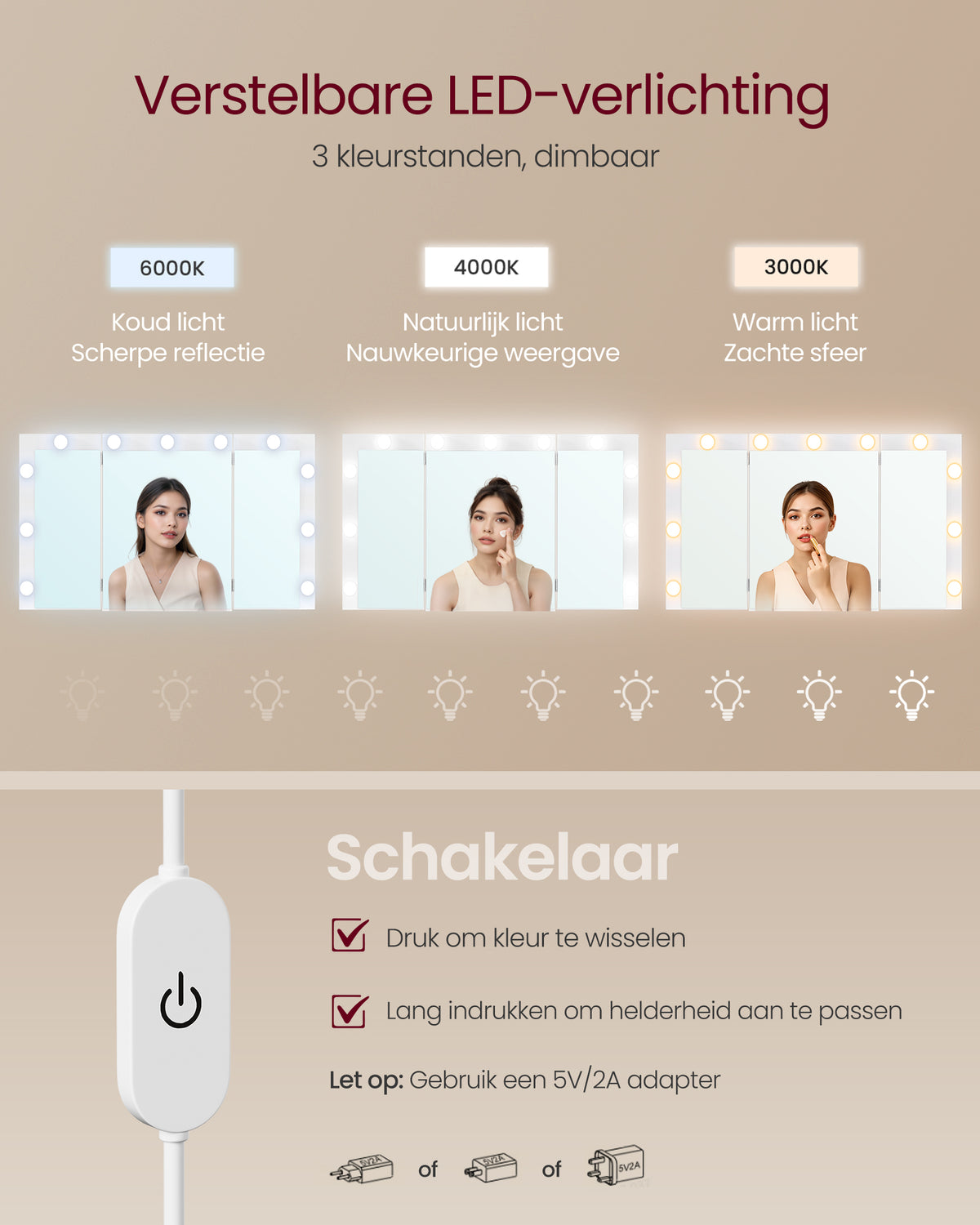 Kaptafel met Driedelige Verlichte Klapspiegel – 9 Lades – Stopcontacten & USB – 107 cm