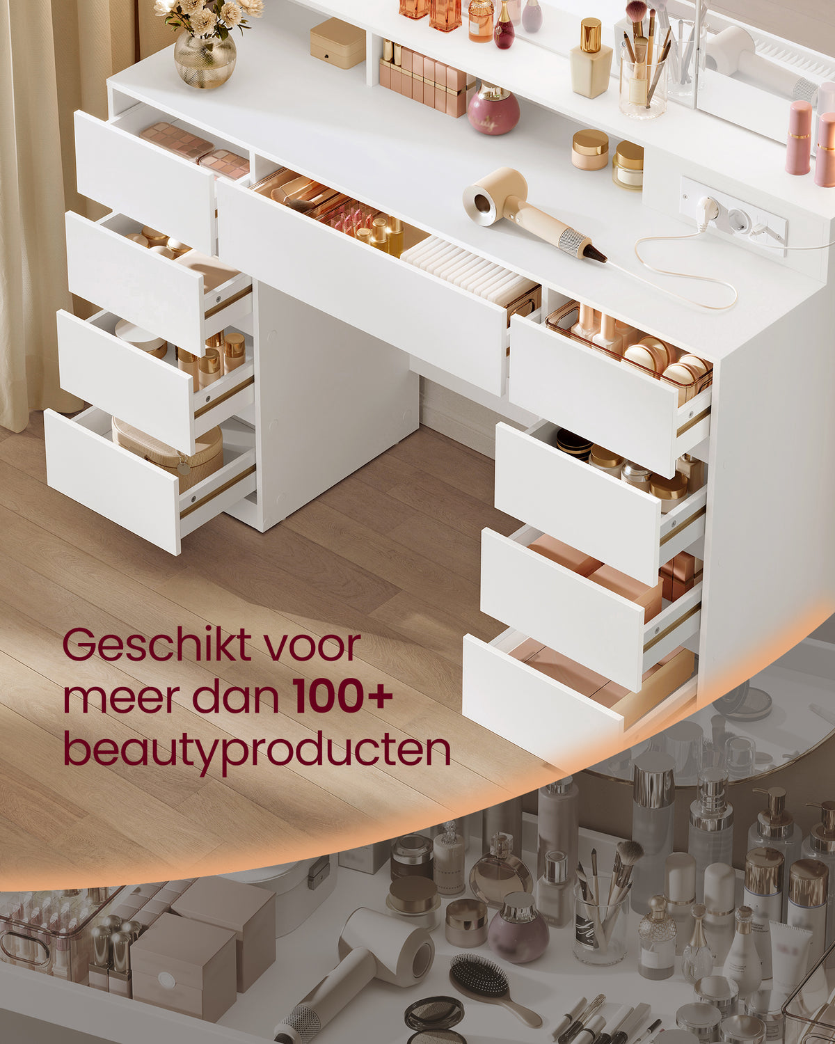 Kaptafel met Driedelige Verlichte Klapspiegel – 9 Lades – Stopcontacten & USB – 107 cm