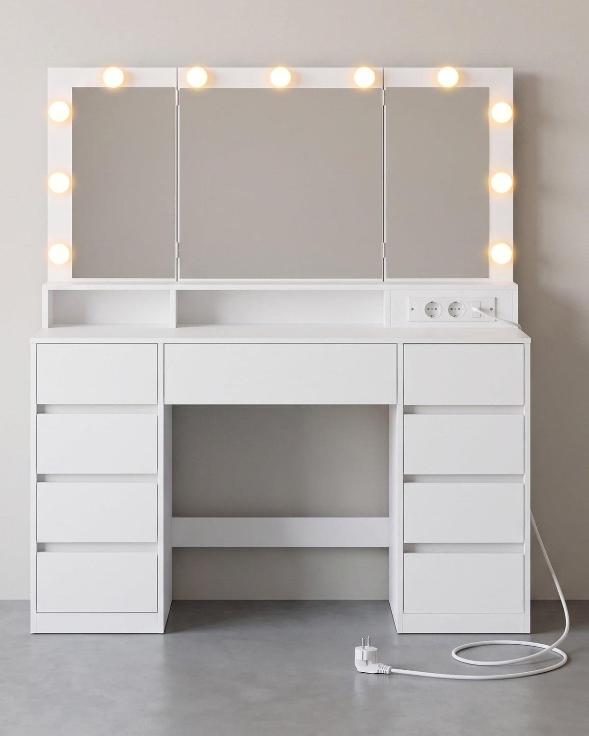 Kaptafel met Driedelige Verlichte Klapspiegel – 9 Lades – Stopcontacten & USB – 107 cm