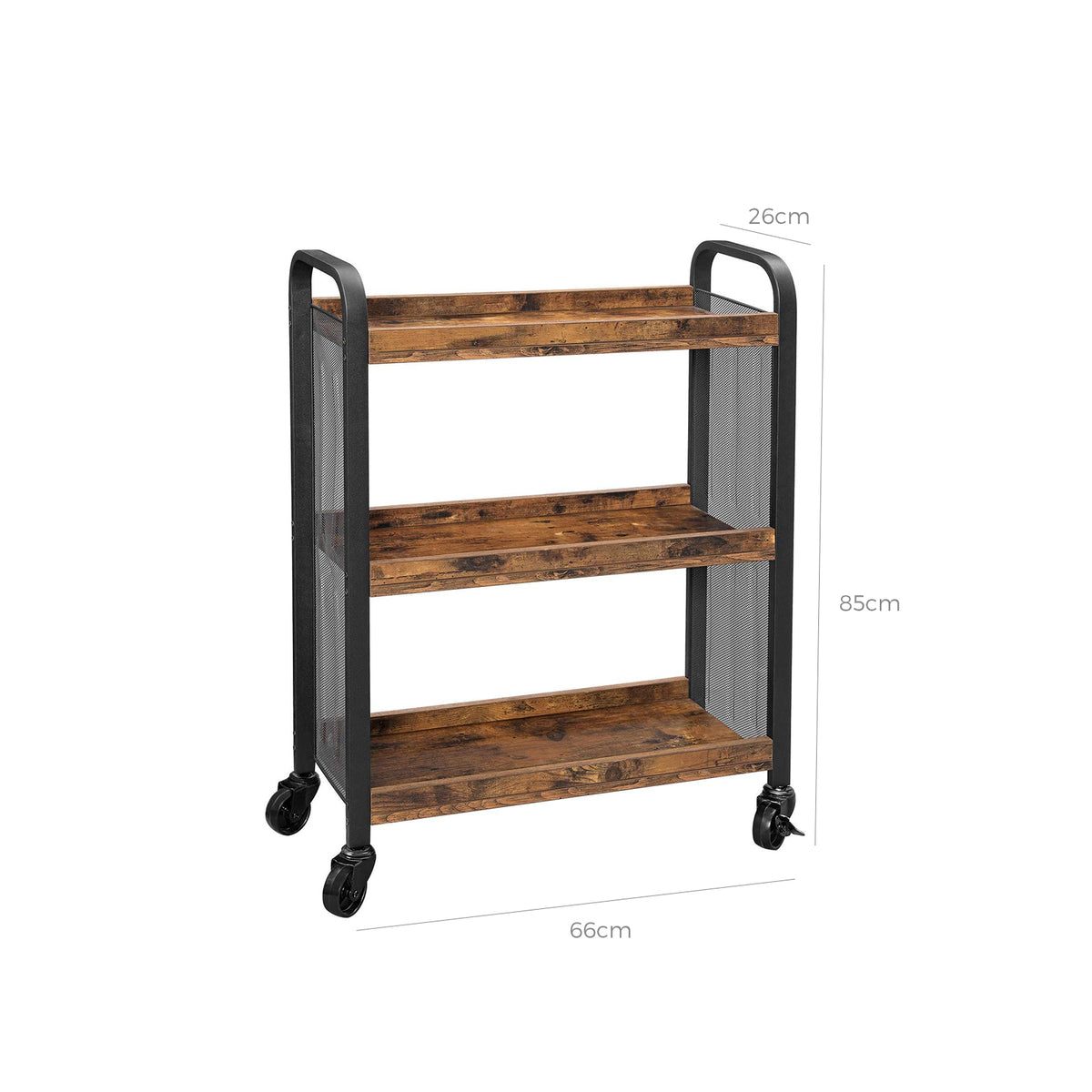 Serveerwagen met 3 Planken – Smalle Keukentrolley op Wieltjes – Zijkanten van Gaas – 66 x 26 x 85 cm