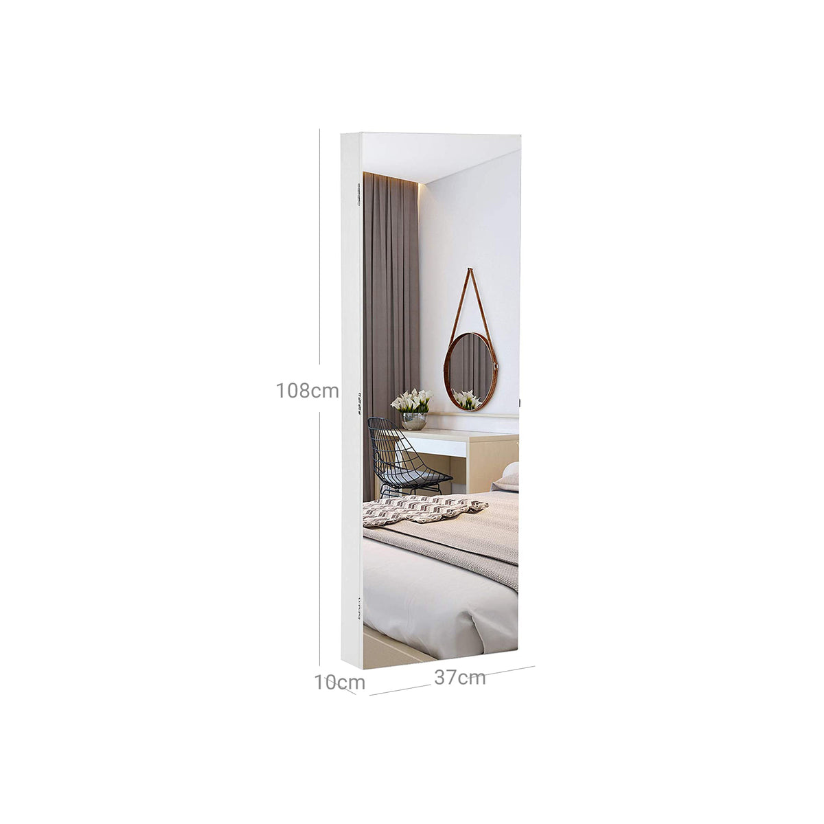 Hangende Sieradenkast met Frameloze Spiegeldeur – Binnenspiegel & Klapplank – Afsluitbaar – Wit – 110 cm