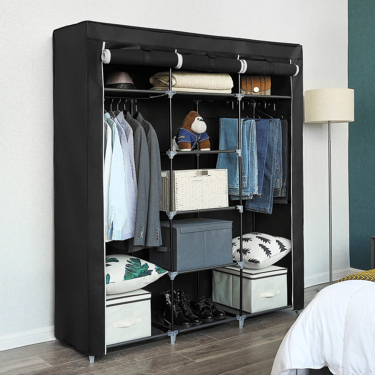 Stoffen Kledingkast – Opvouwbare Garderobekast met Kledingstangen en Planken – 150 x 45 x 175 cm
