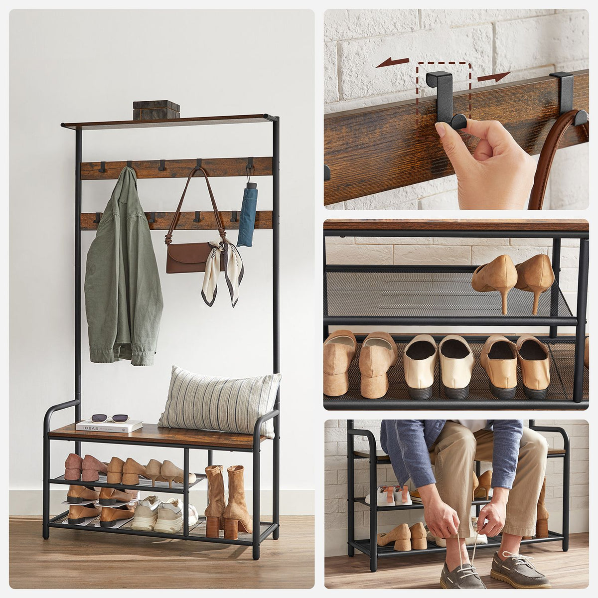 Kapstok met Zitbank – Haken, Bovenplank & 2 Schoenenplanken – Metalen Frame – 85 x 180 cm