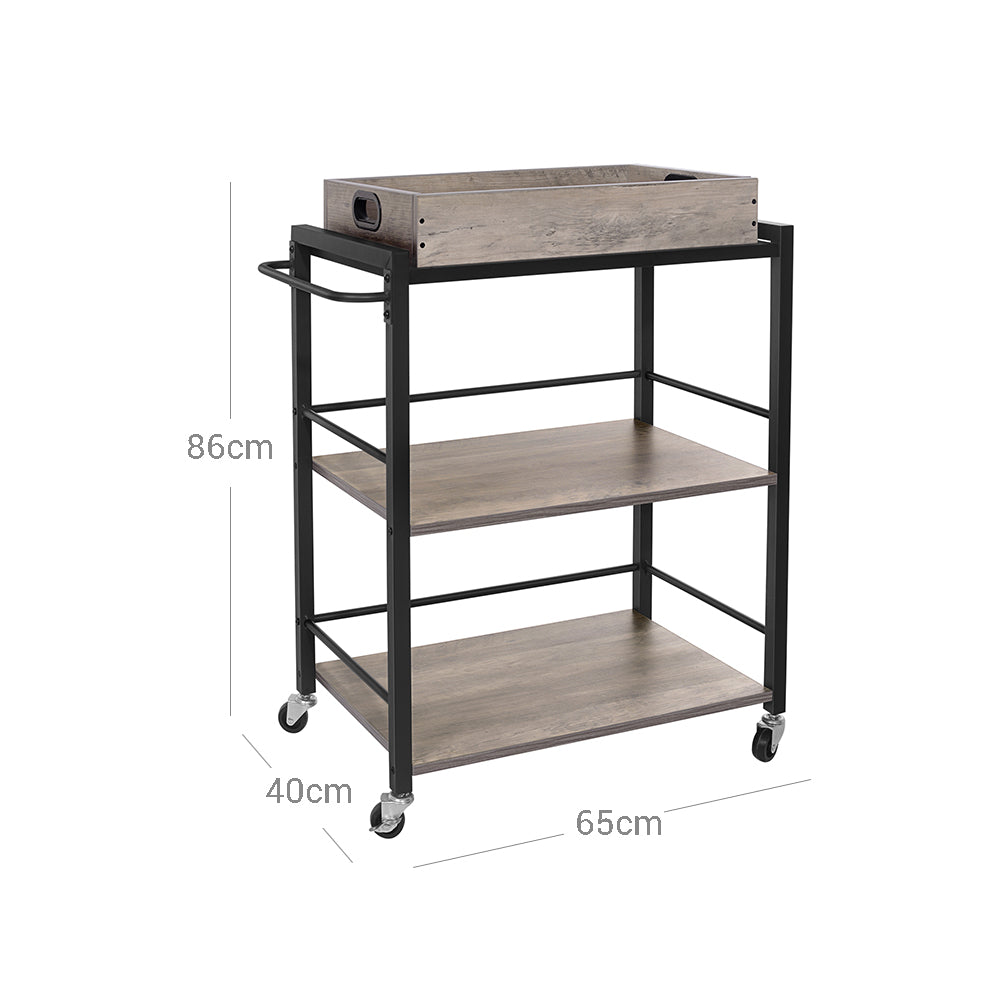 Serveerwagen met Dienblad – Keukentrolley op Wieltjes – 2 Planken – Industrieel – 65 x 40 x 86 cm
