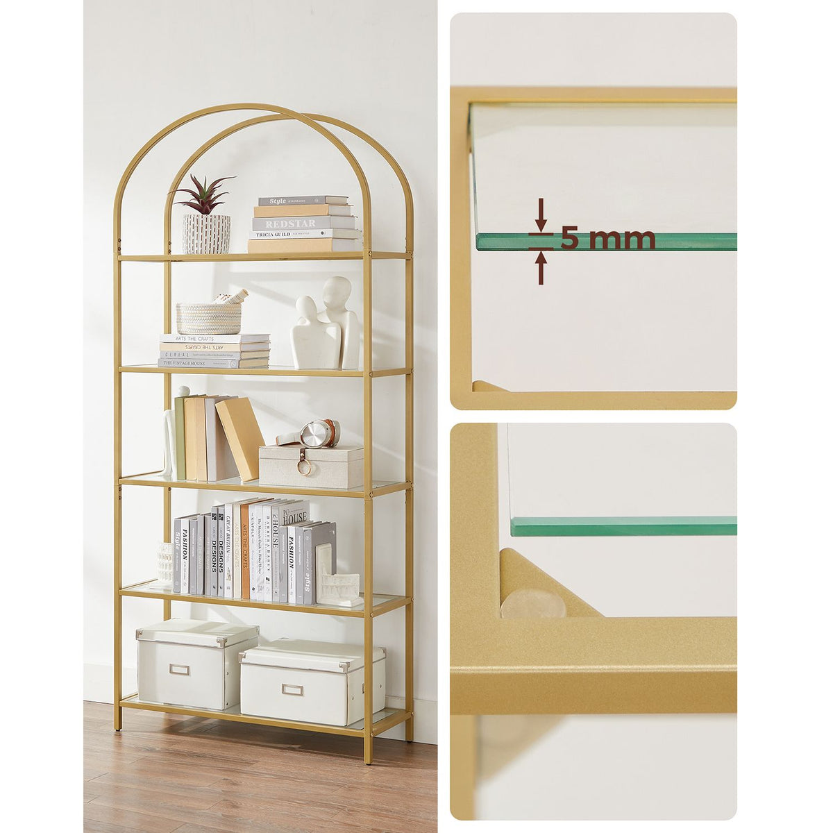 Boekenkast met Boog – 5 Planken van Gehard Glas – Goudkleurig Stalen Frame – 83 x 30 x 183,5 cm