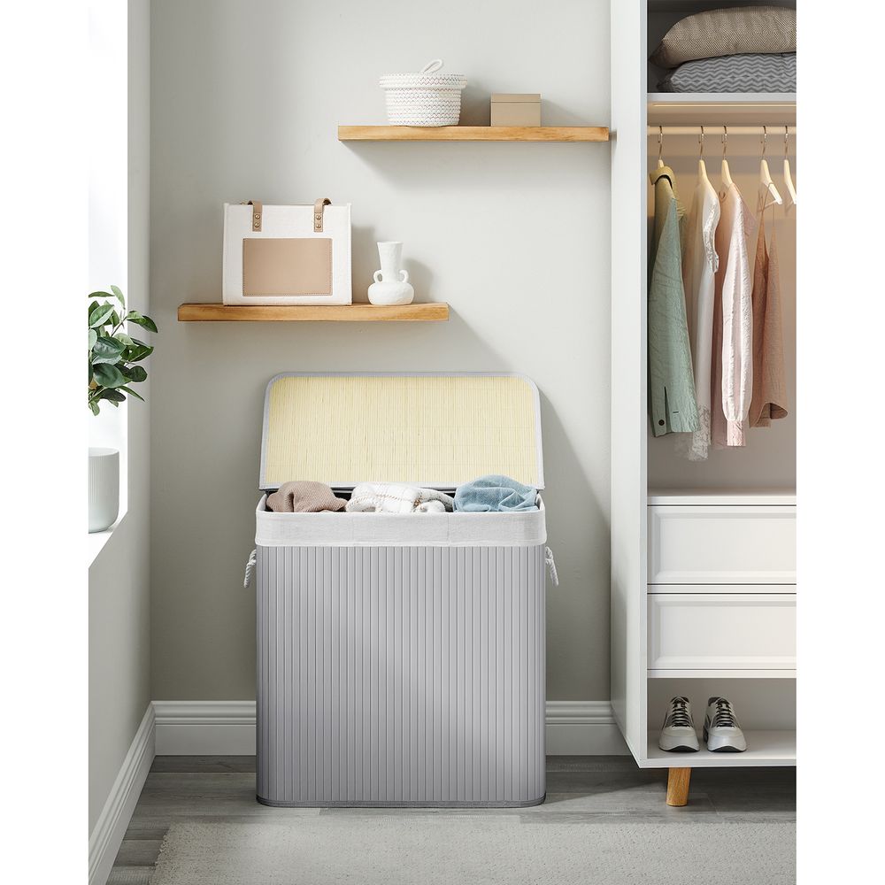 Bamboe Wasmand met Deksel en 3 Vakken - 150 Liter - De Vries Meubels