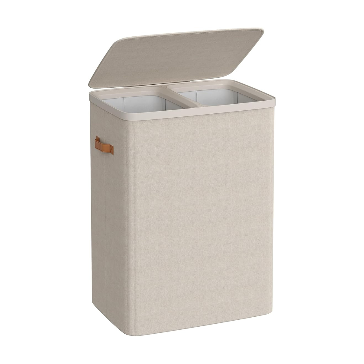 SONGMICS LCB513W01 Wasmand met deksel met 2 vakken, 130 liter, uitneembare waszak, Oxford-stof, handgrepen van bamboe, opvouwbaar, 52 x 38,5 x 70,5 cm, crèmewit SONGMICS LCB513W01 Wasmand met deksel met 2 vakken, 130 liter, uitneembare waszak, Oxford-stof, handgrepen van bamboe, opvouwbaar, 52 x 38,5 x 70,5 cm, crèmewit