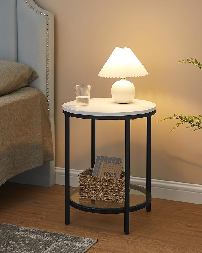 Bijzettafel Marmerlook - Nachtkastje met 2 niveaus - Gehard glas - Woonkamer - Slaapkamer - De Vries Meubels