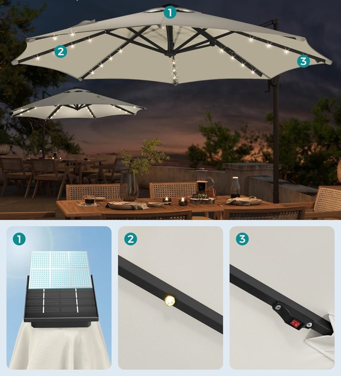 Draaibare Zweefparasol met Zwengel - LED - verlichting - Ø 300 cm - 360° draaibaar - De Vries Meubels