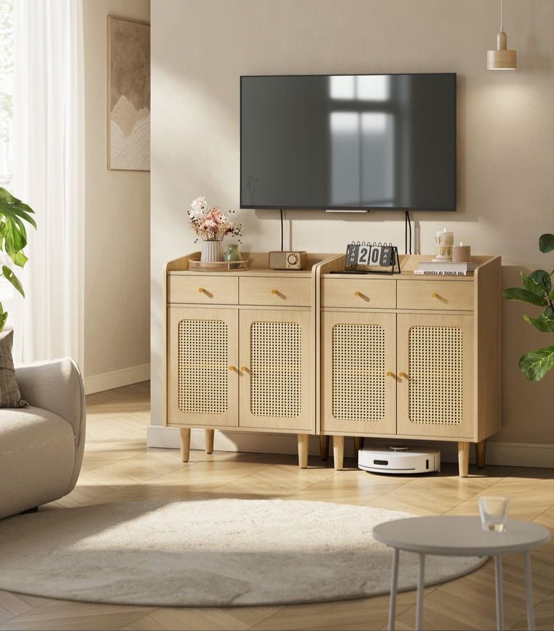 Dressoir - Stijlvolle Opbergkast met Rotan & Massief Houten Poten - De Vries Meubels