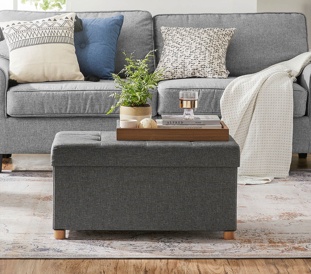 Opbergbank met Houten Pootjes – Opvouwbare Hocker in Linnenlook – Tot 300 kg – 76 of 110 cm