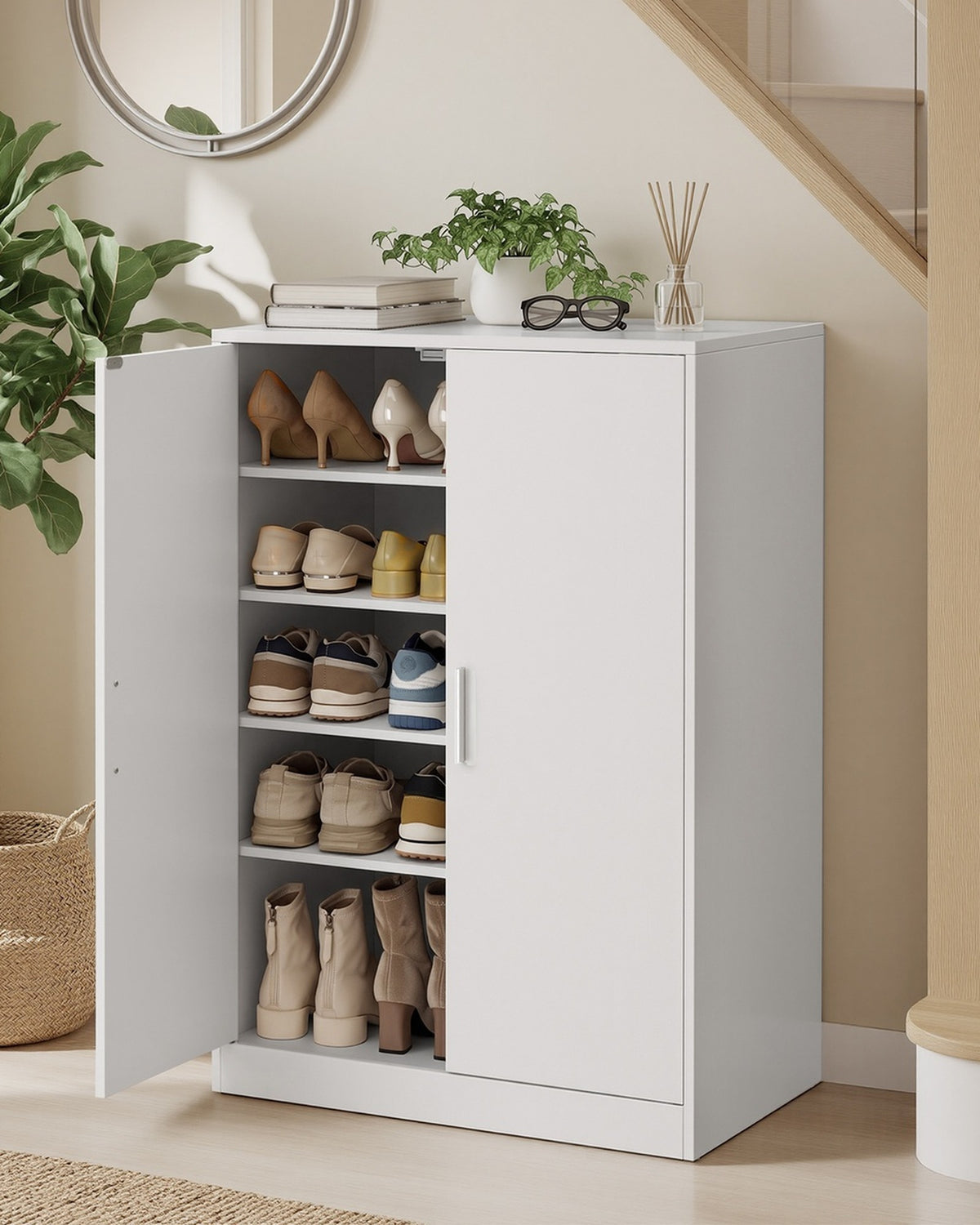 Schoenenkast met 2 Deuren – 5 Niveaus & 4 Verstelbare Planken – Tot Maat 46 – Wit – 90 cm