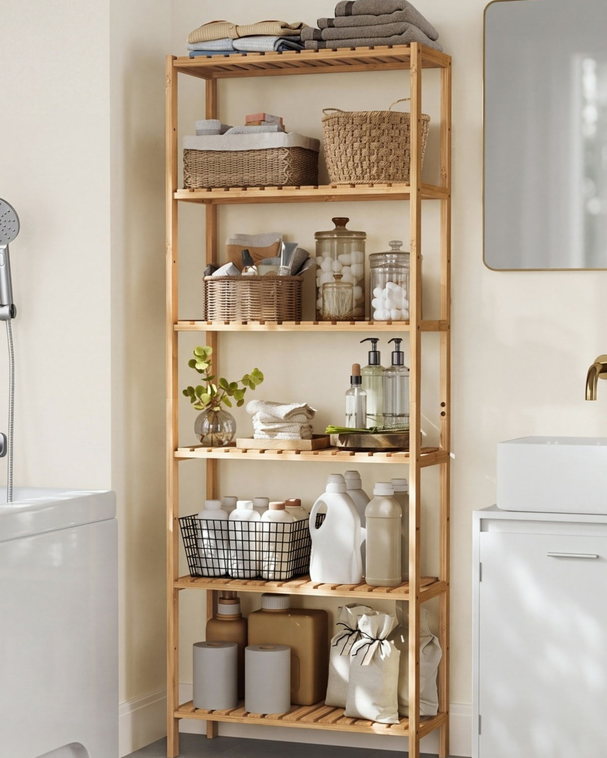 Bamboe Opbergrek met 6 Planken – Verstelbare Planken – Staand Rek voor Badkamer of Keuken – 160,9 cm