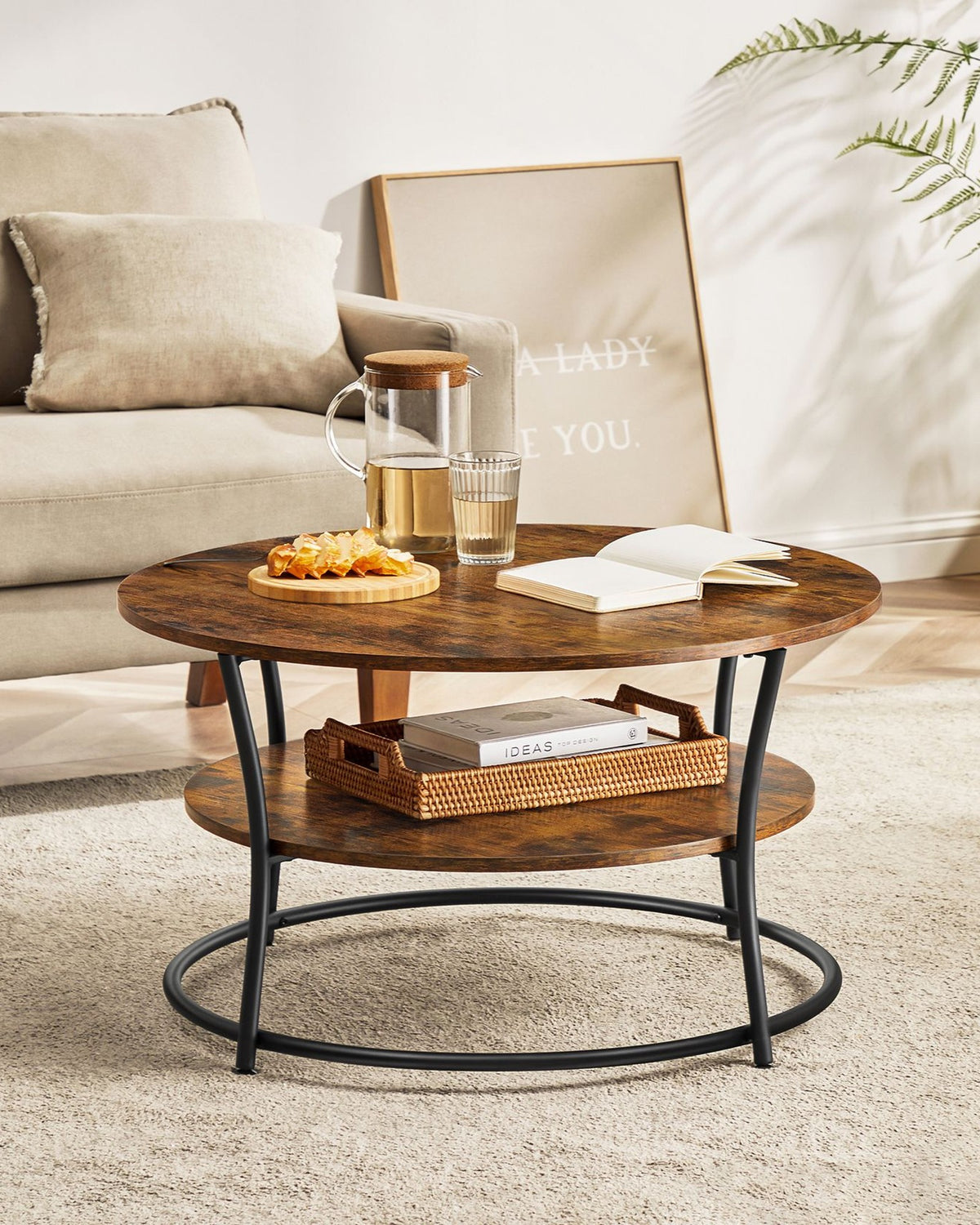Ronde Salontafel met Onderplank – 2 Niveaus – Gebogen Stalen Poten met Ring – Ø 80 cm