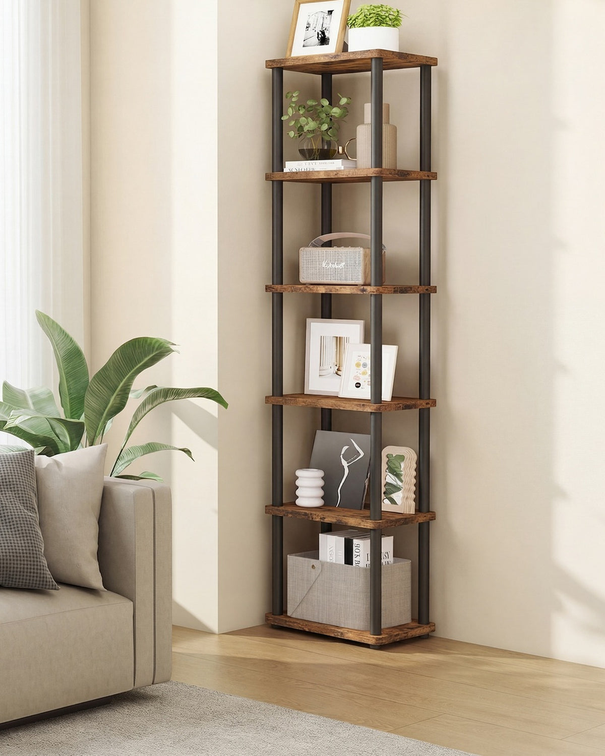 Industriële Boekenkast met Gereedschapsloze Montage – Stalen Buizen – 5 of 6 Niveaus
