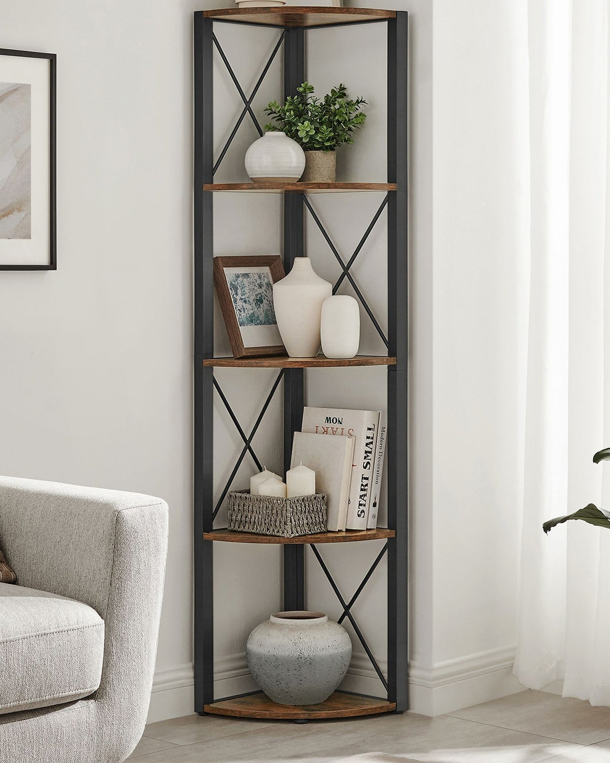 Hoekrek met 5 Planken – Staand Hoekregaal met X-Frame – Industrieel Design – 160 cm Hoog