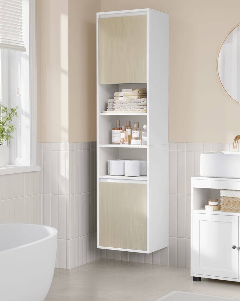 Hangende Badkamerkast – Wit & Natuurlijk Beige – 30 x 40 x 160 cm - De Vries Meubels