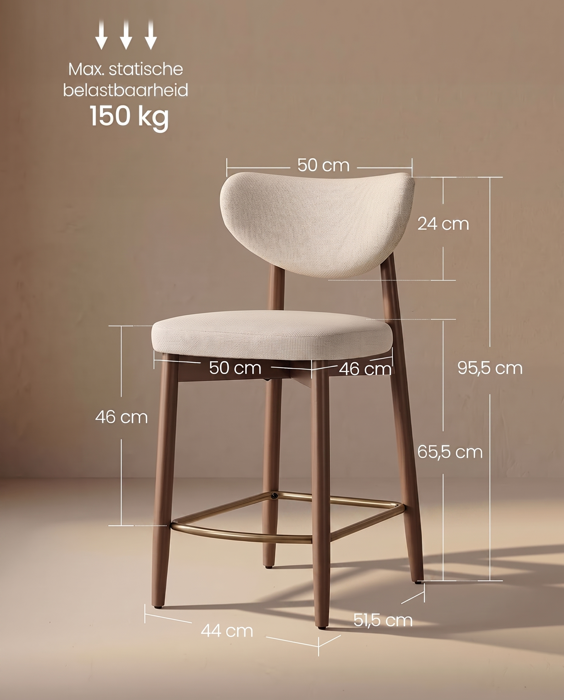 Maattabel barkruk: zithoogte 65,5 cm, totale hoogte 95,5 cm, max. 150 kg