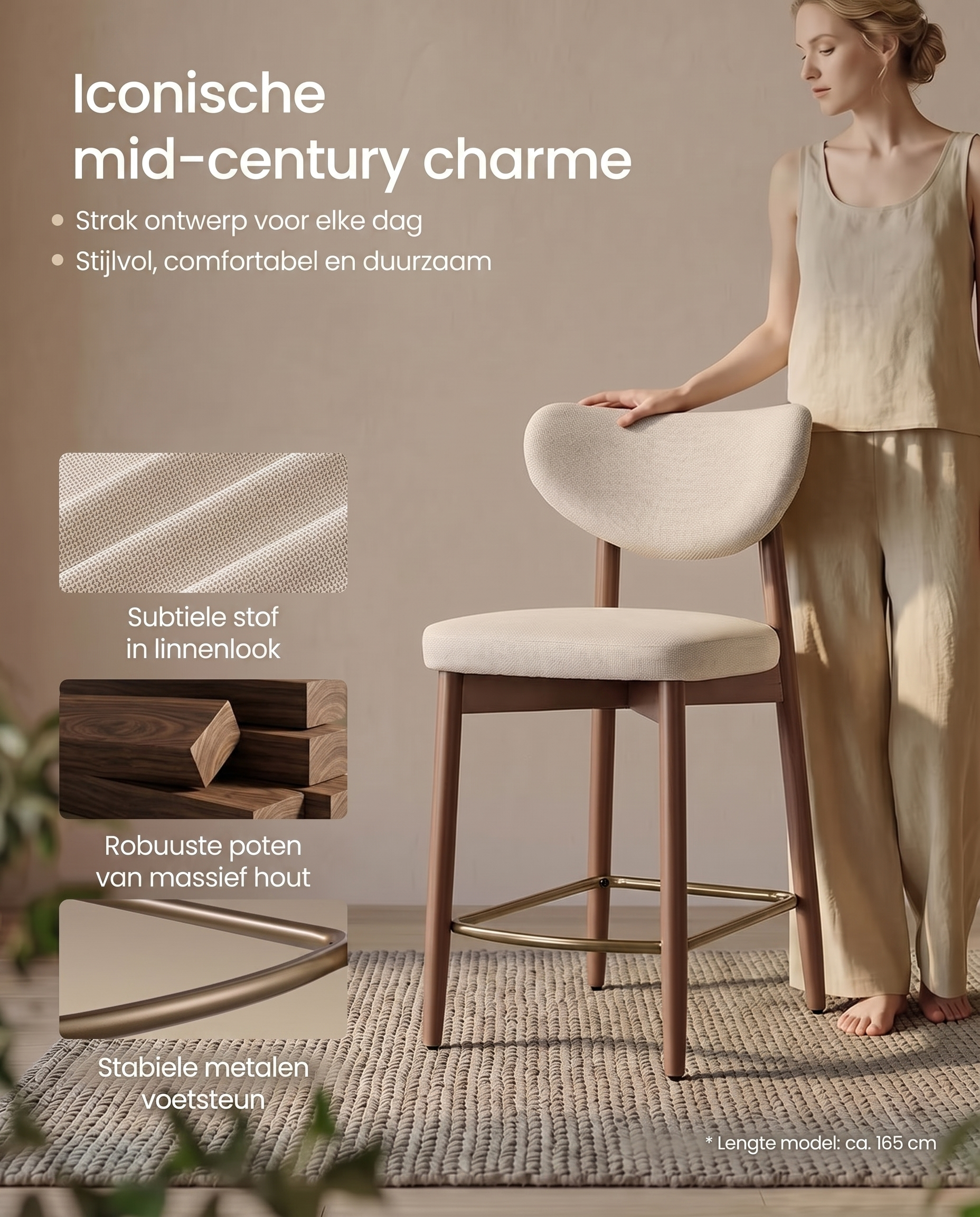 Iconische mid-century charme met linnenlook, massief hout en metalen voetsteun