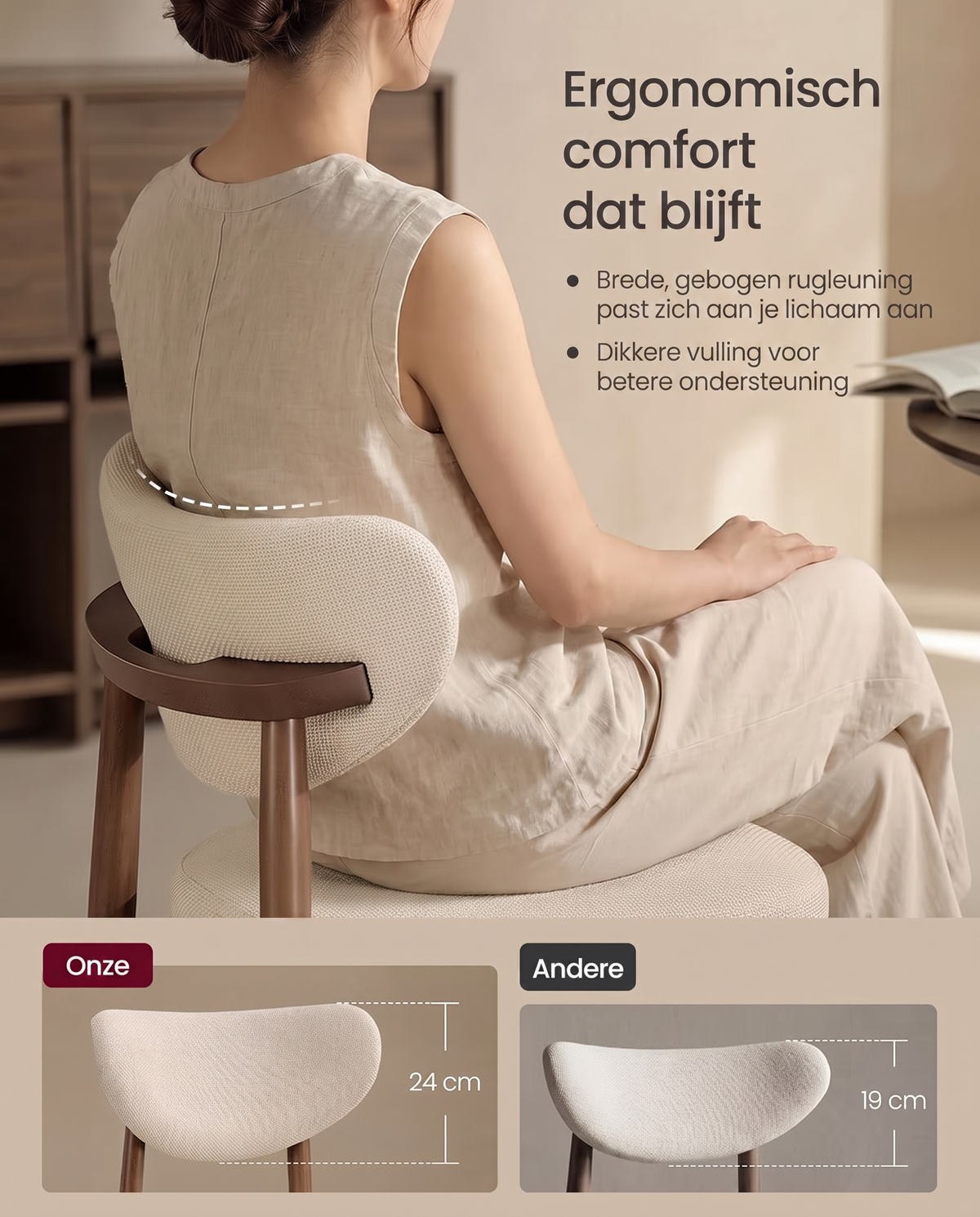 Ergonomisch comfort met brede gebogen rugleuning van 24 cm