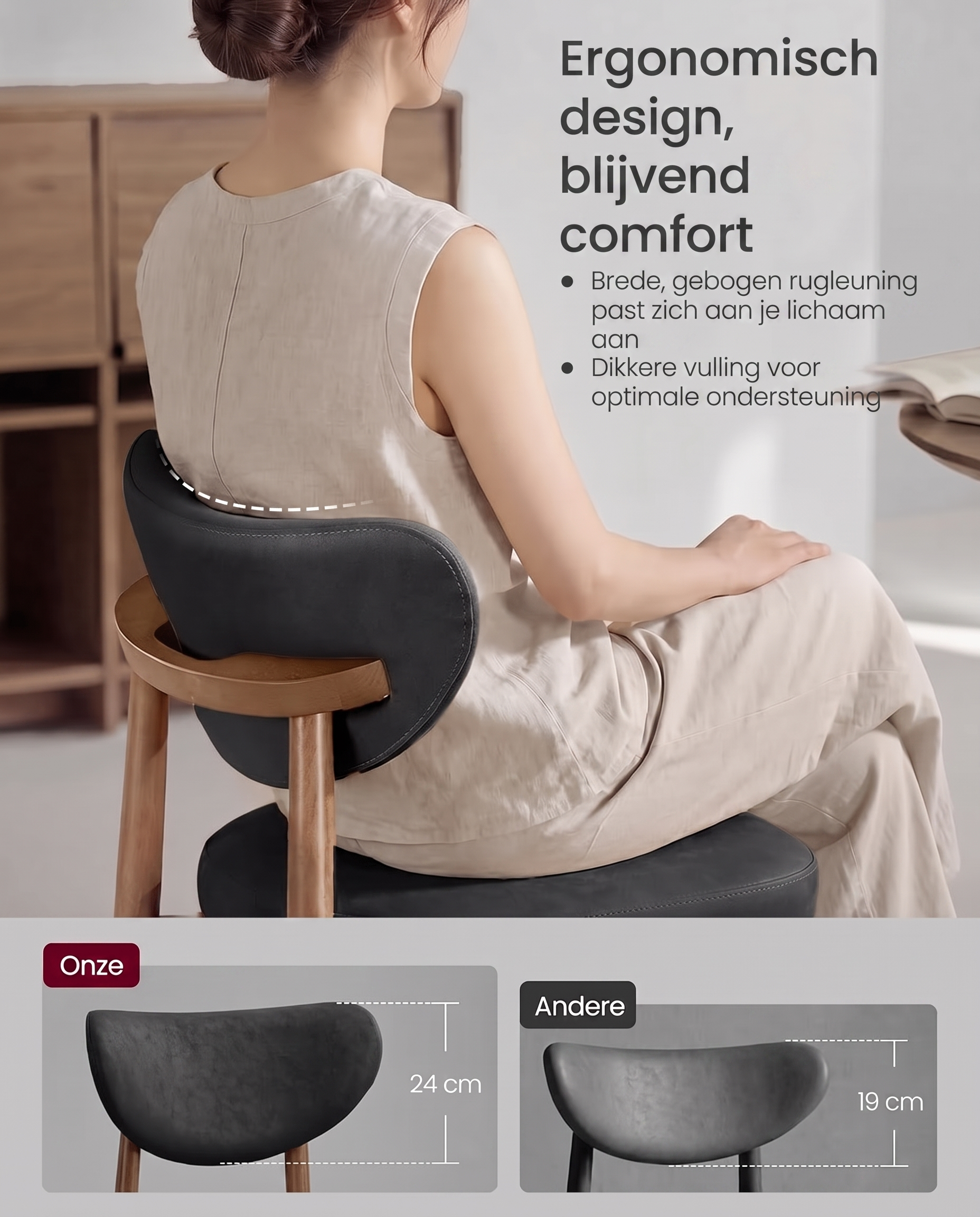 Ergonomisch design met brede gebogen rugleuning van 24 cm