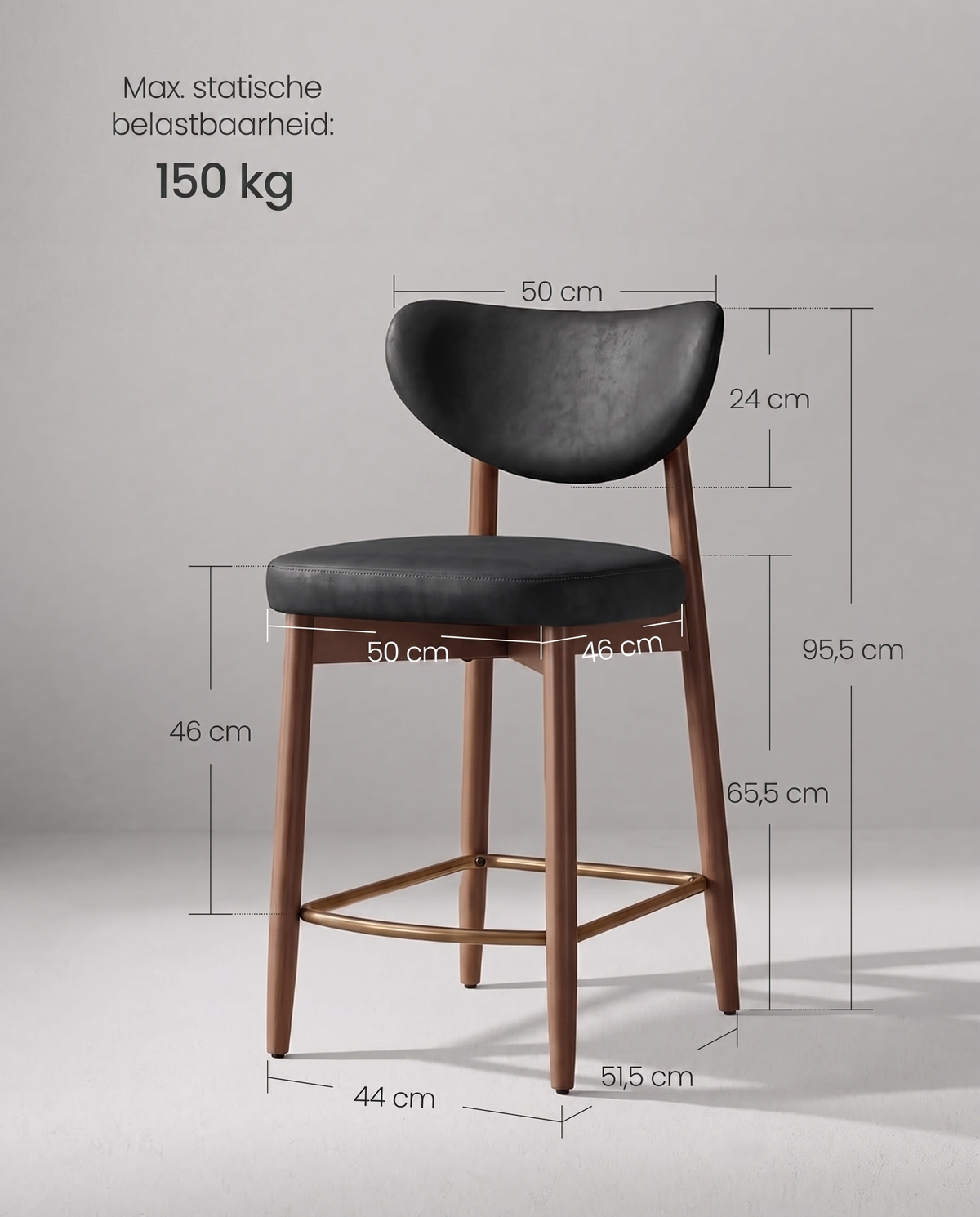 Maattabel barkruk: zithoogte 65,5 cm, totale hoogte 95,5 cm, max. 150 kg