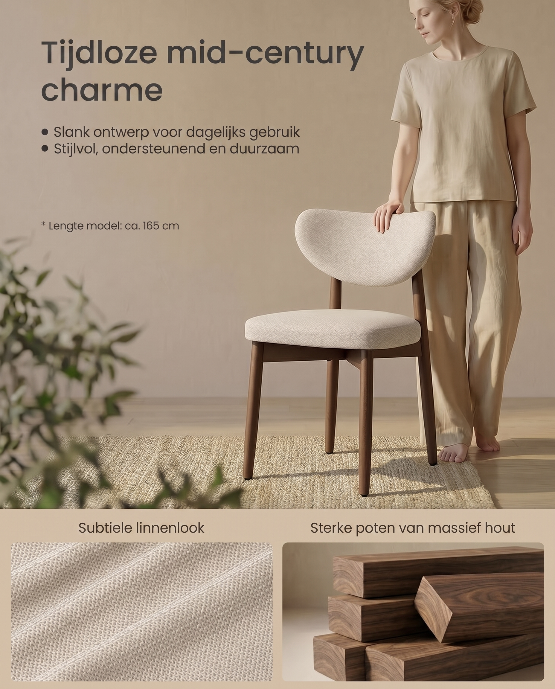 Tijdloze mid-century charme met linnenlook en massief houten poten