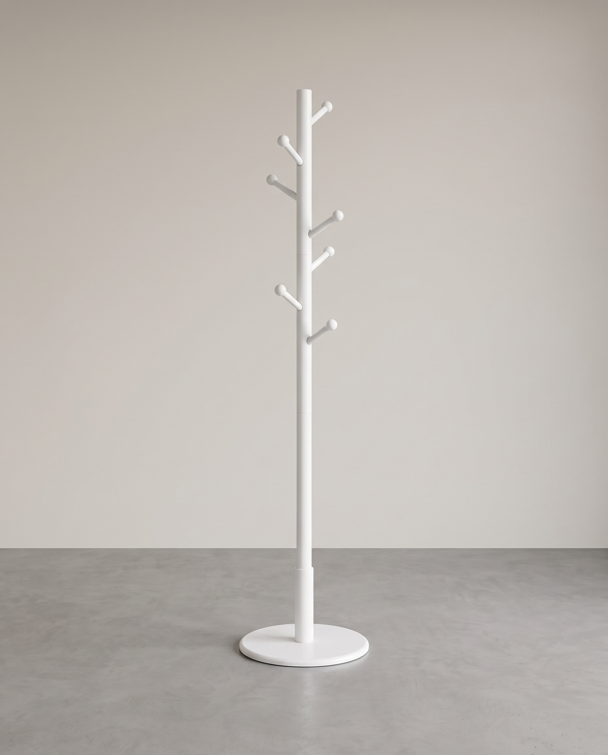 Staande Kapstok van Rubberhout – 7 Haken – Ronde Voet – Wit – Ø 38 x 175 cm