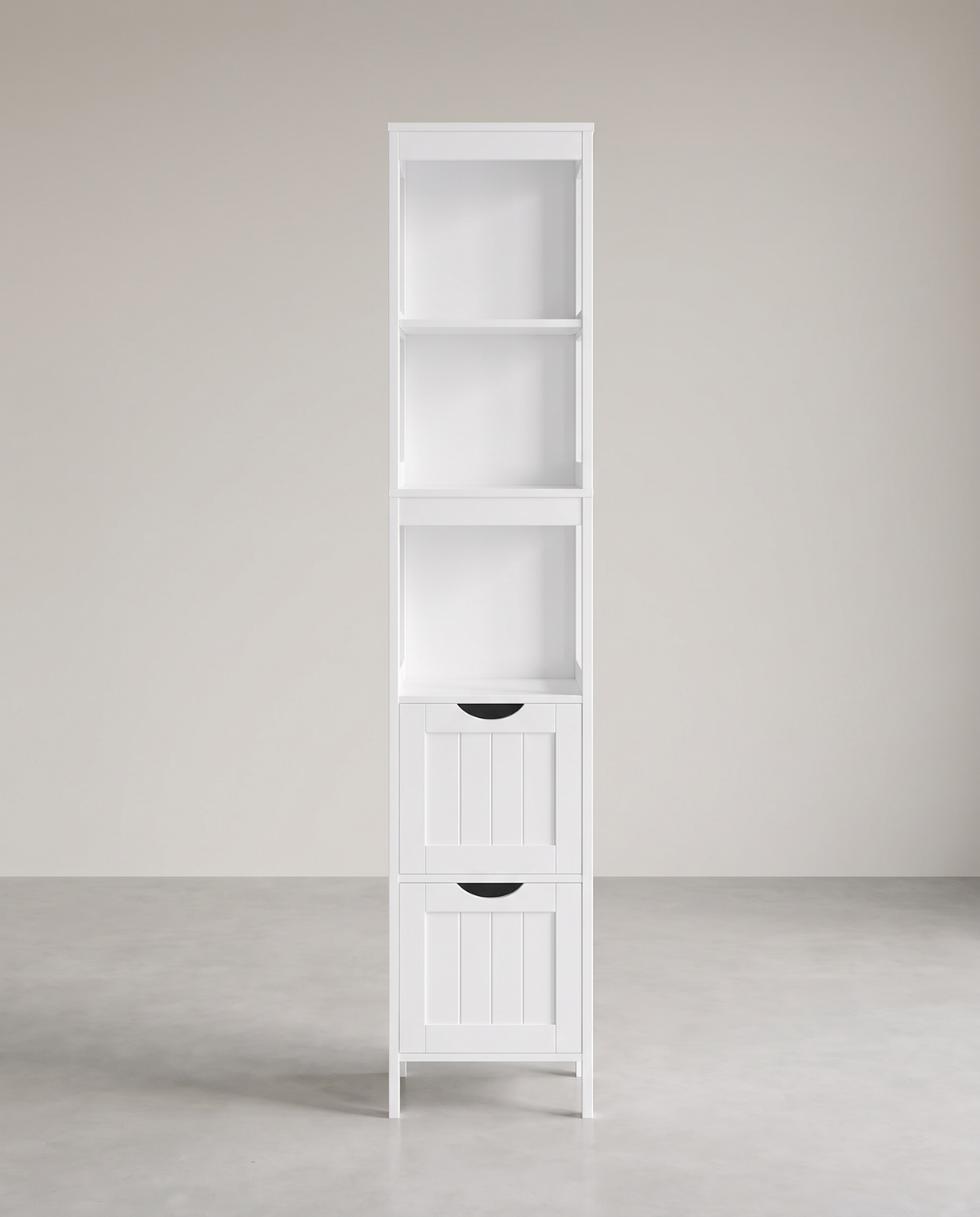 Smalle Hoge Badkamerkast in Landelijke Stijl – 3 Open Vakken & 2 Lades – 30 x 30 x 141,5 cm