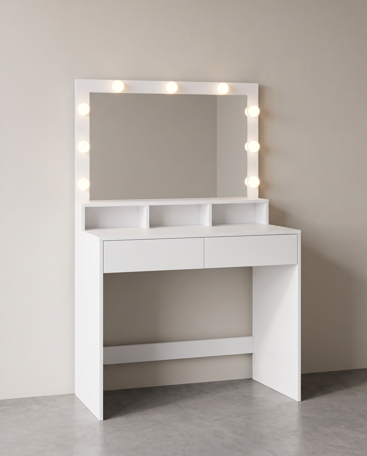Kaptafel met Verlichte Spiegel – 9 Lampjes, 3 Lichtkleuren, Dimbaar – 2 Lades & Open Vakken – 80 cm