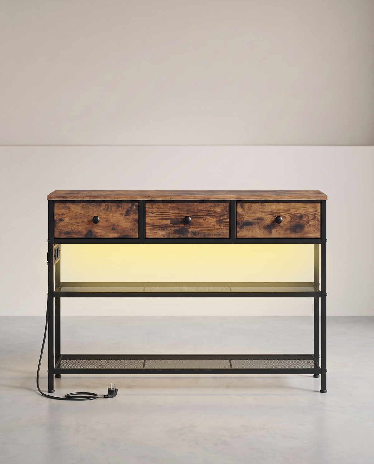 Smalle Wandtafel - Stalen Frame Met 3 Stoffen Lades - Voor Hal En Woonkamer