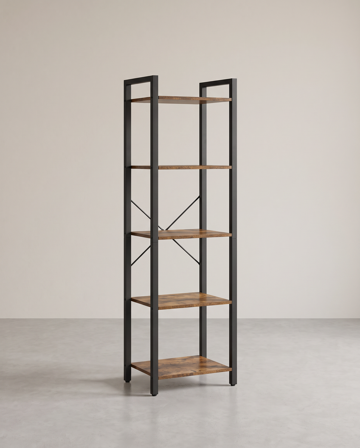 Boekenkast Industrieel – 6 Niveaus – Smal 40 cm – Zwart Metalen Frame met Houtlook – voor Woonkamer & Kantoor
