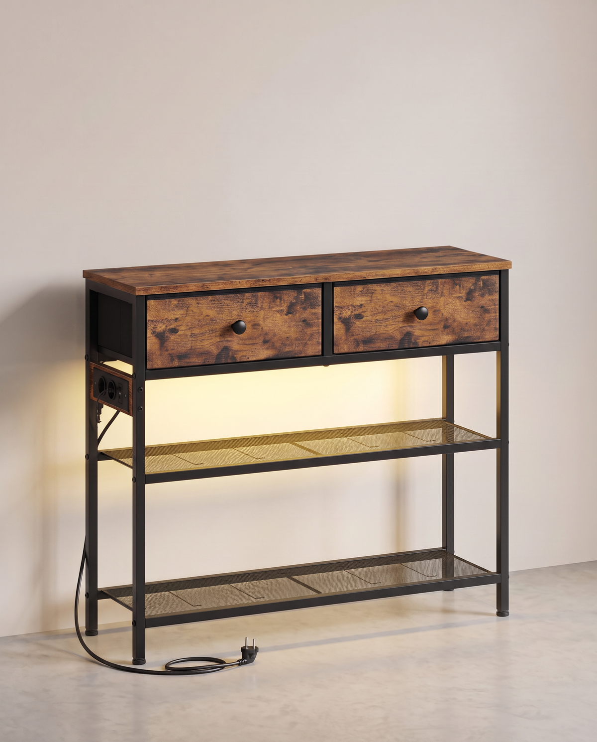 Smalle Wandtafel - Stalen Frame Met 3 Stoffen Lades - Voor Hal En Woonkamer