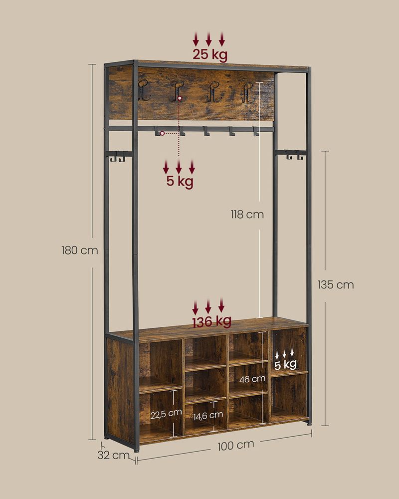 Industriële Kapstok met Bank en Schoenenrek – 4 - in - 1 Ontwerp - De Vries Meubels