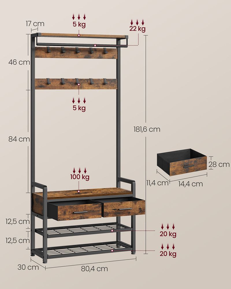 Kapstok met Schoenenrek, Lades en Kledingroede – 6 - in - 1 Halmeubel - De Vries Meubels