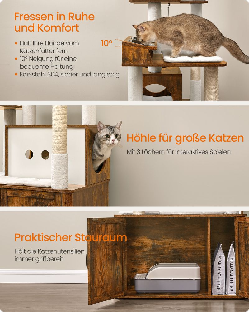 Kattenkrabpaal 170 cm - Grote Krabpaal met Kattenhuis - Verhoogde Voerbakken & Opbergruimte - De Vries Meubels