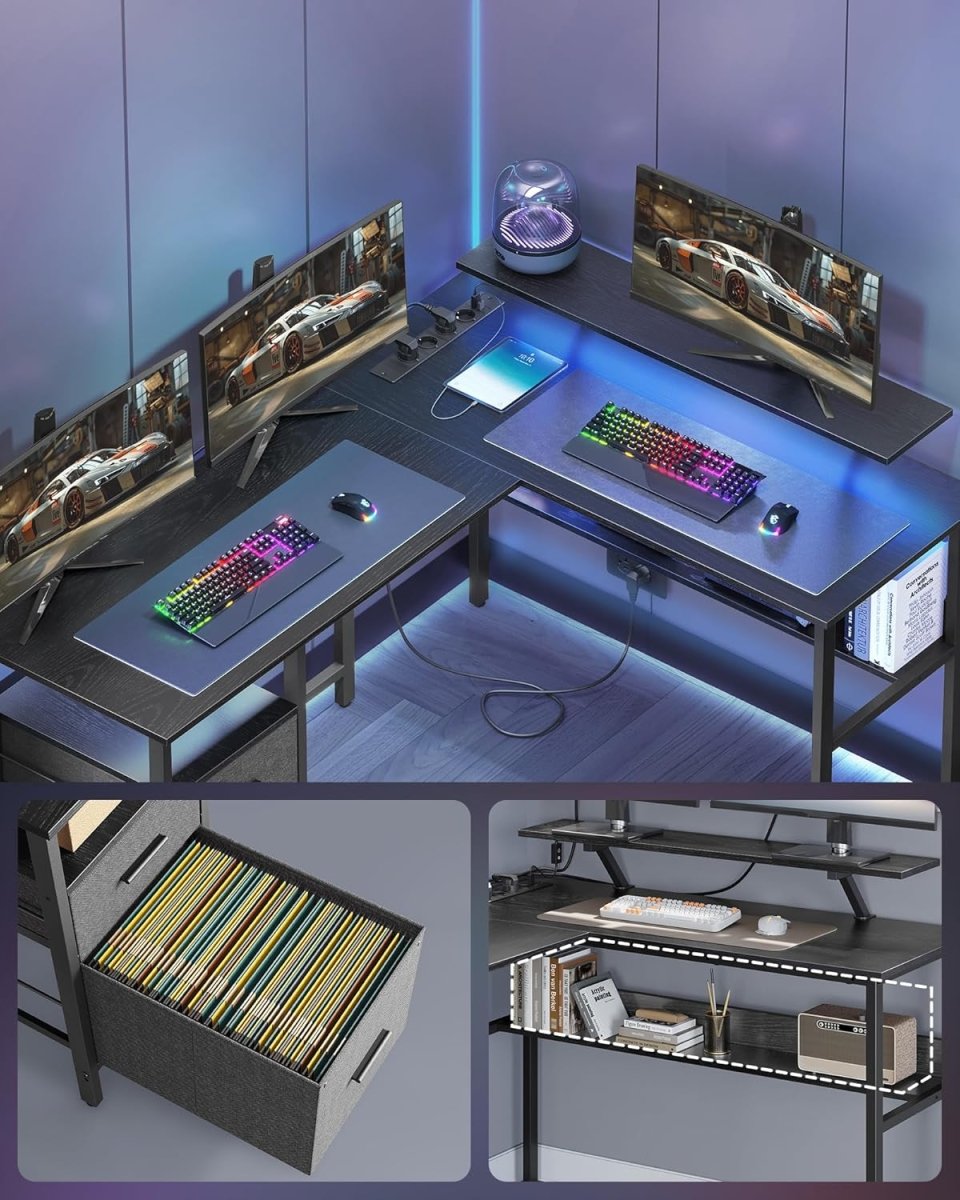 L - vormig Hoekbureau met LED - Verlichting & Stopcontacten - USB - Poorten - Gamebureau - De Vries Meubels