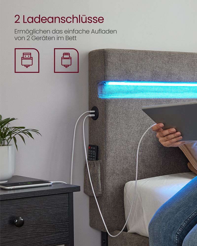 Modern bedframe met LED - verlichting - USB - oplaadmogelijkheden en opbergruimte - De Vries Meubels