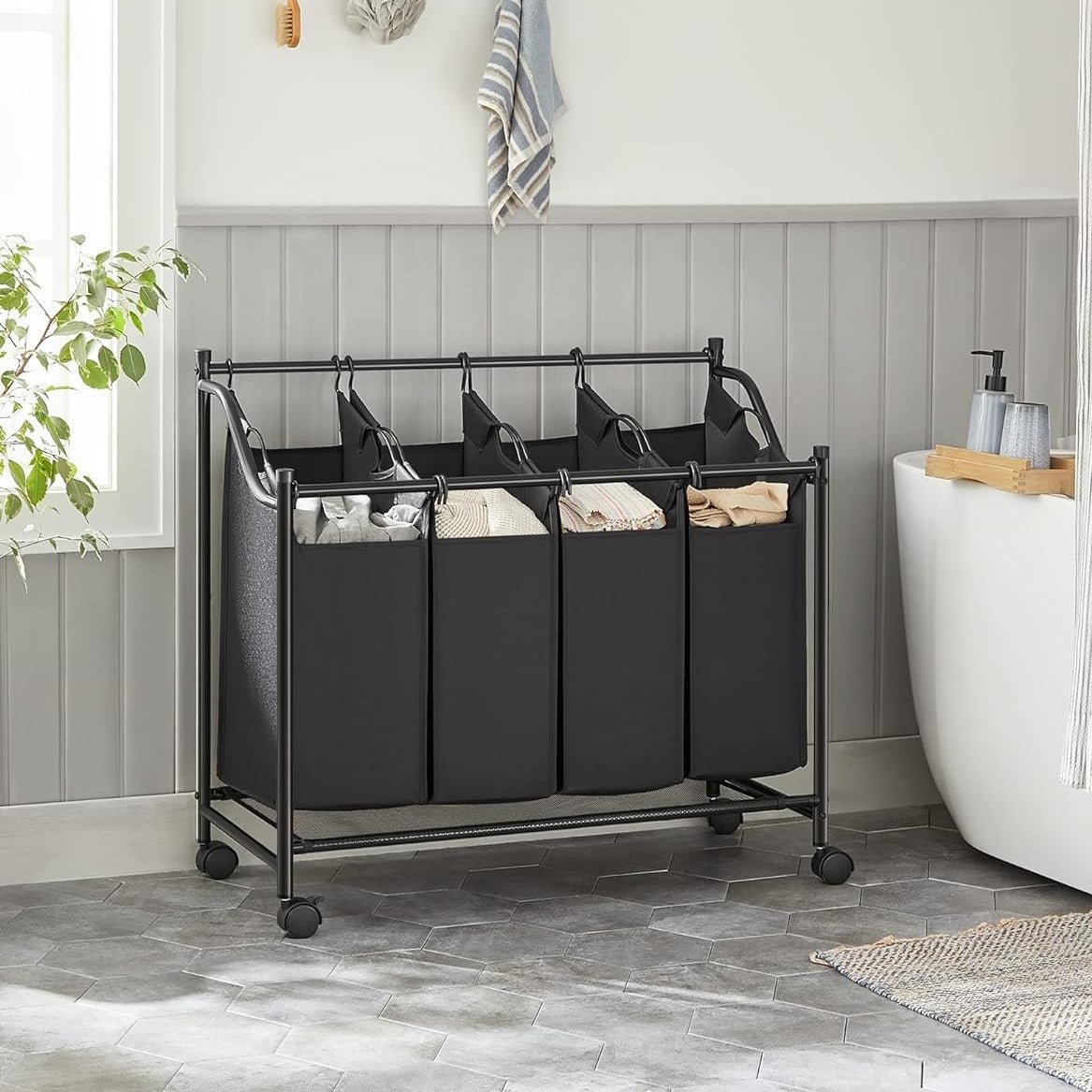 Wasmand met 4 Afneembare Zakken - Wasverzamelaar - met Wieltjes - Wasscheiding - De Vries Meubels