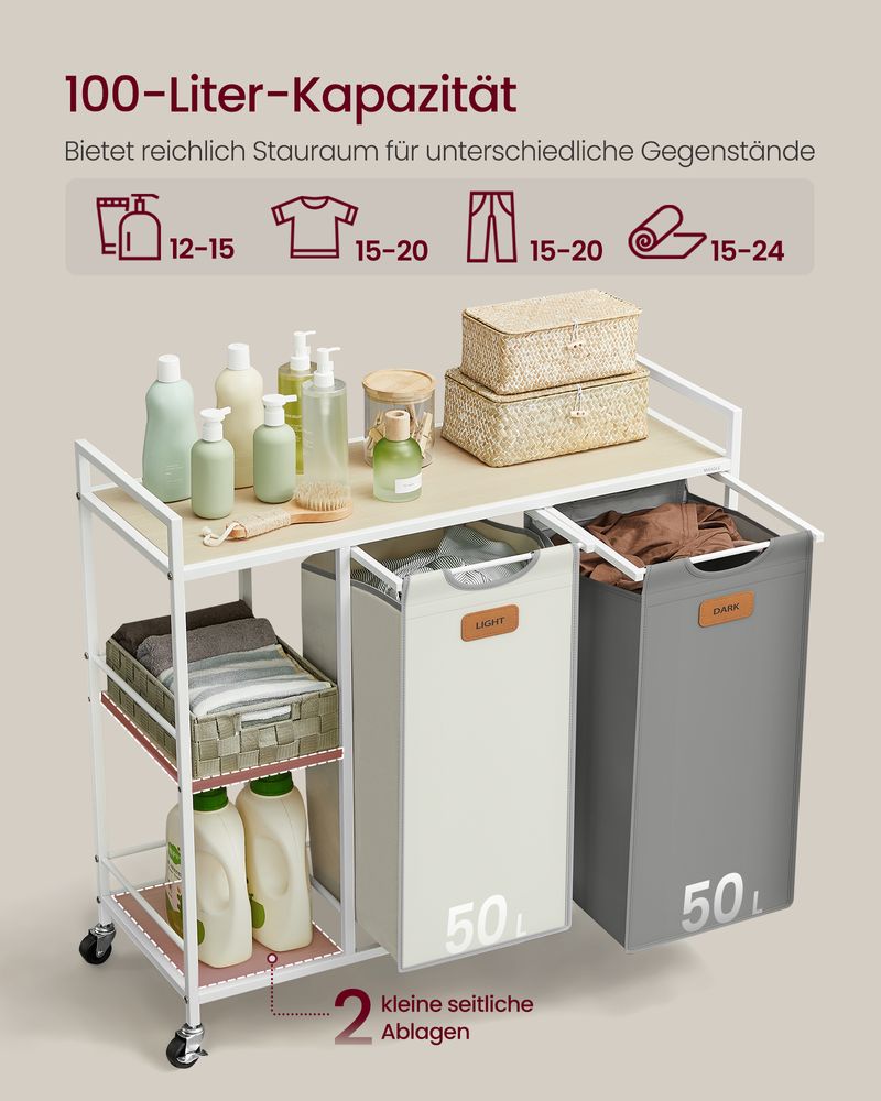 Wasmand Wagen 2 x 50L - Wasmand met Wieltjes - De Vries Meubels
