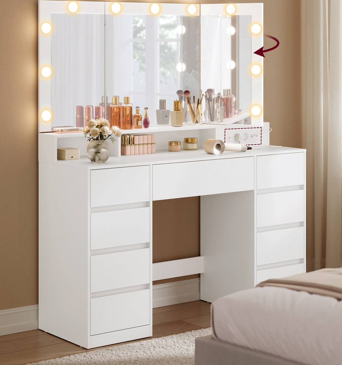 Kaptafel met Driedelige Verlichte Klapspiegel – 9 Lades – Stopcontacten & USB – 107 cm