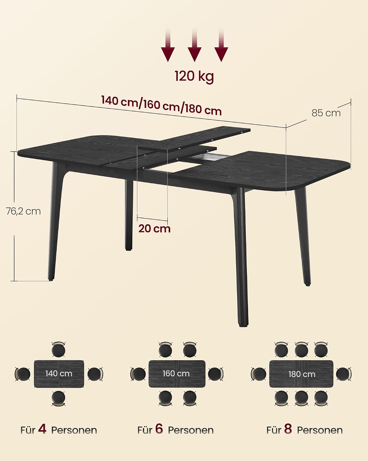 Afmetingen zwarte eettafel 140-180 cm
