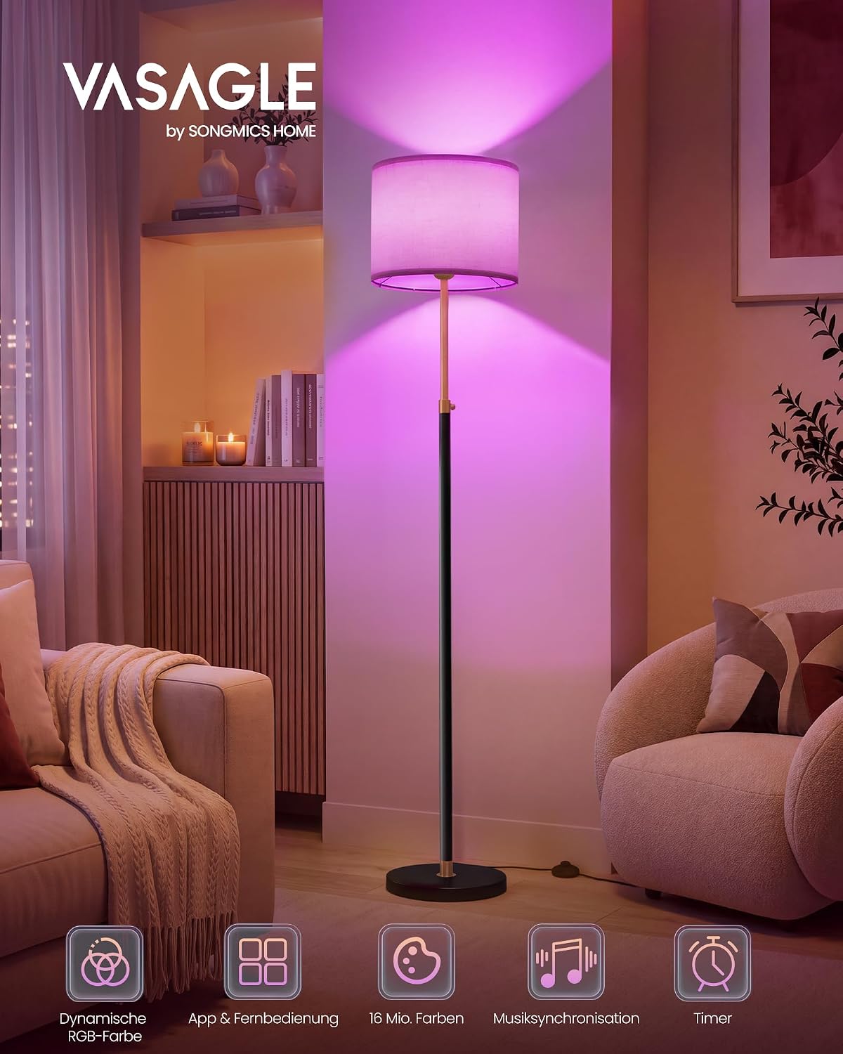 Staande Lamp met Stoffen Lampenkap – Verstelbare Hoogte – Inclusief LED-lamp – Goud-Zwart