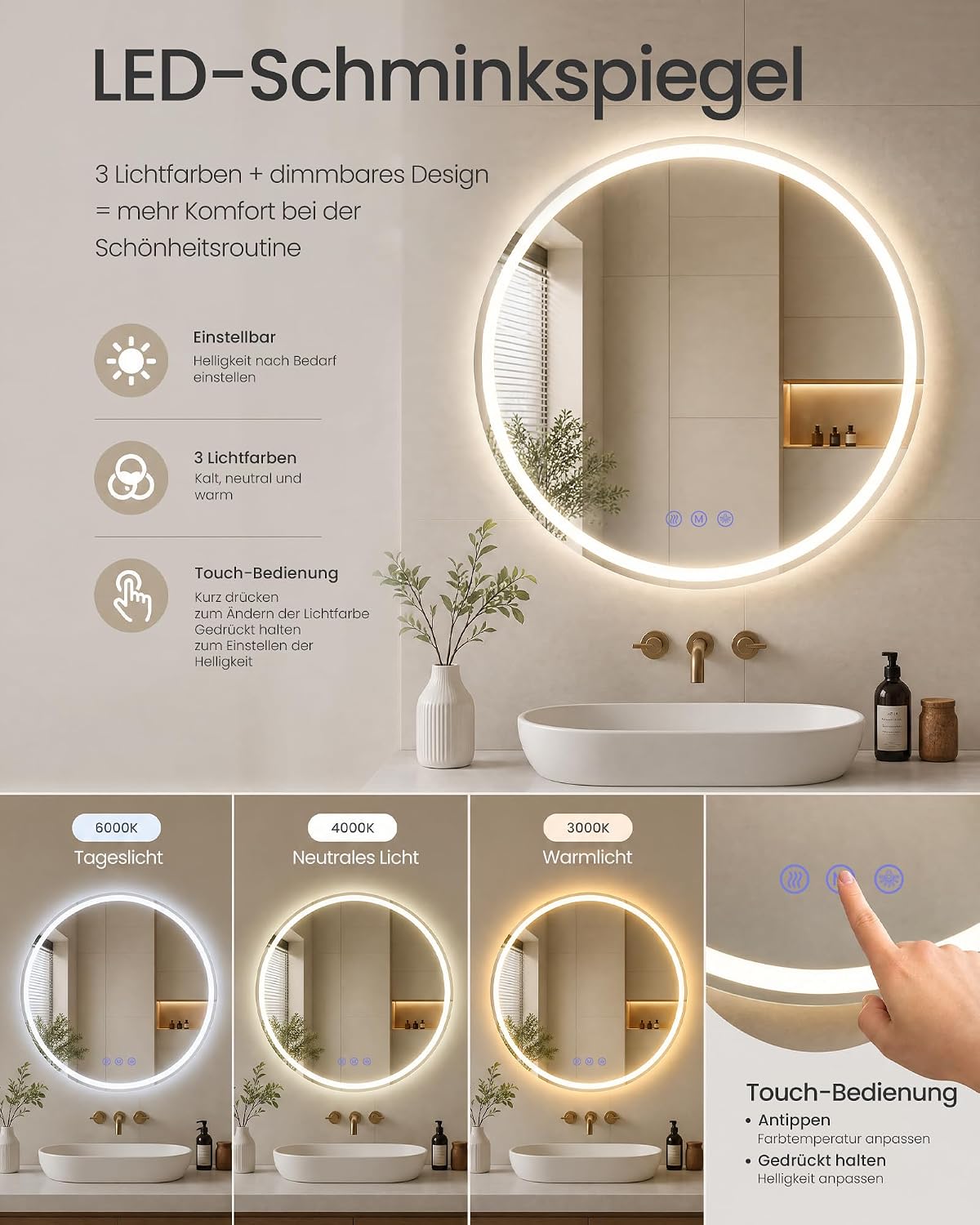 Ronde Badkamerspiegel met LED-Verlichting – Anti-condens – Dimbaar – 3 Lichtkleuren – Ø 51 of 61 cm