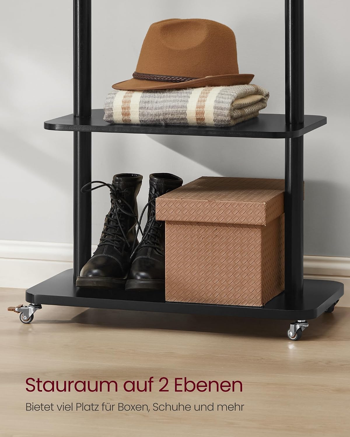 Kapstok van Massief Hout op Wielen – 7 Haken, Kledingstang & 2 Planken – 178 cm